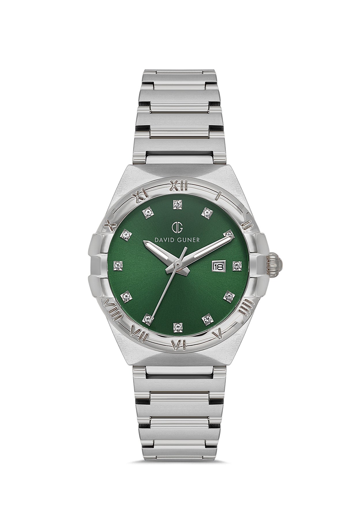 David Guner 8837LA-A10 women's watch with green dial, silver-tone case and stainless steel bracelet – front view