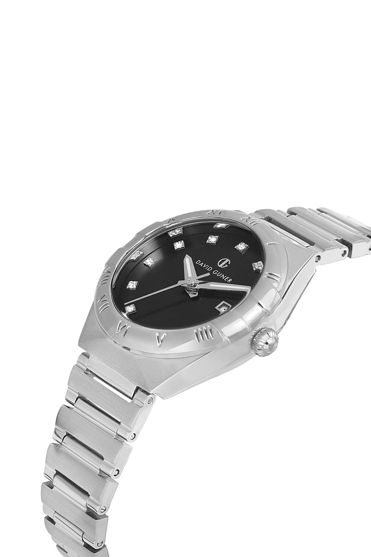David Guner 8837LA-A2 women's watch with black dial, silver-tone case and stainless steel bracelet – angled view