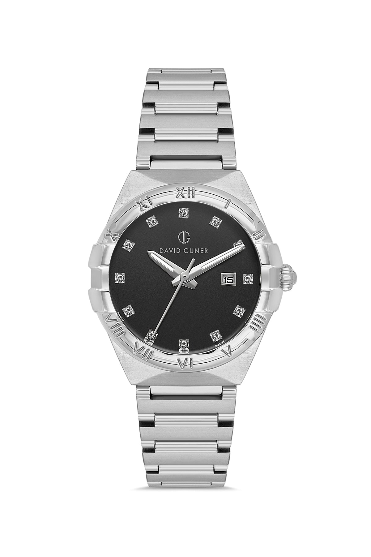 David Guner 8837LA-A2 women's watch with black dial, silver-tone case and stainless steel bracelet – front view