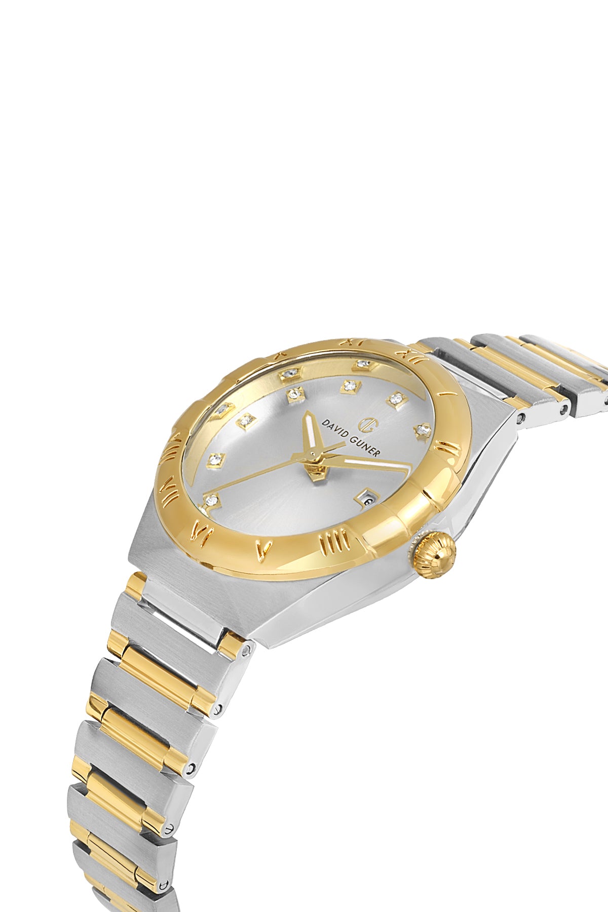 David Guner 8837LA-D1 women's watch with silver dial, two-tone case and stainless steel bracelet – angled view