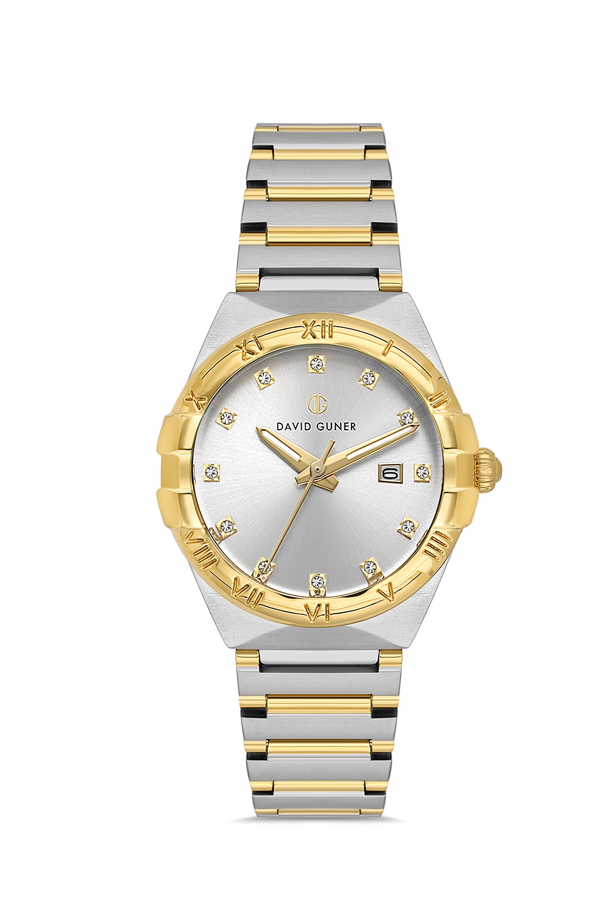David Guner 8837LA-D1 women's watch with silver dial, two-tone case and stainless steel bracelet – front view