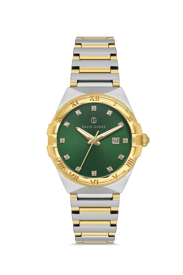 David Guner 8837LA-D10 women's watch with green dial, two-tone case and stainless steel bracelet – front view