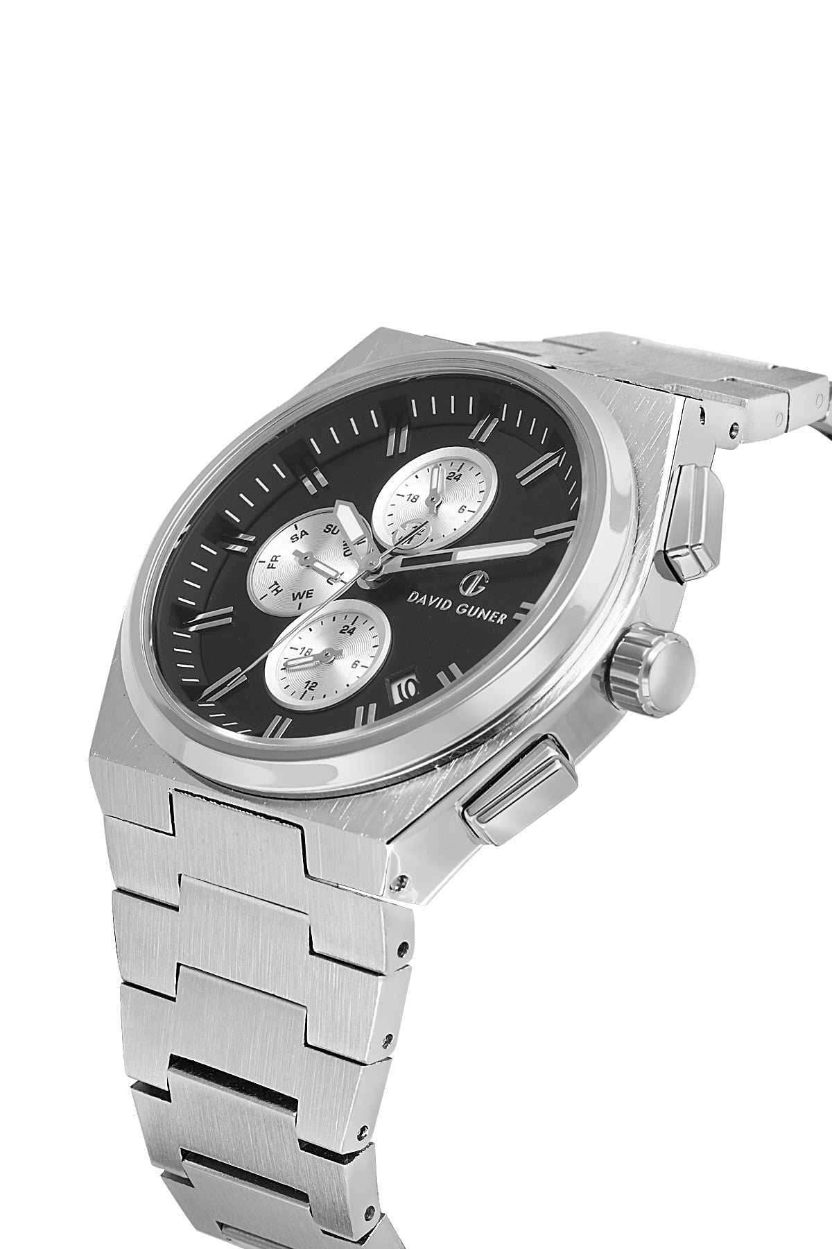 David Guner 8845GA-A2 men's watch with black dial, silver-tone case and stainless steel bracelet – angled view