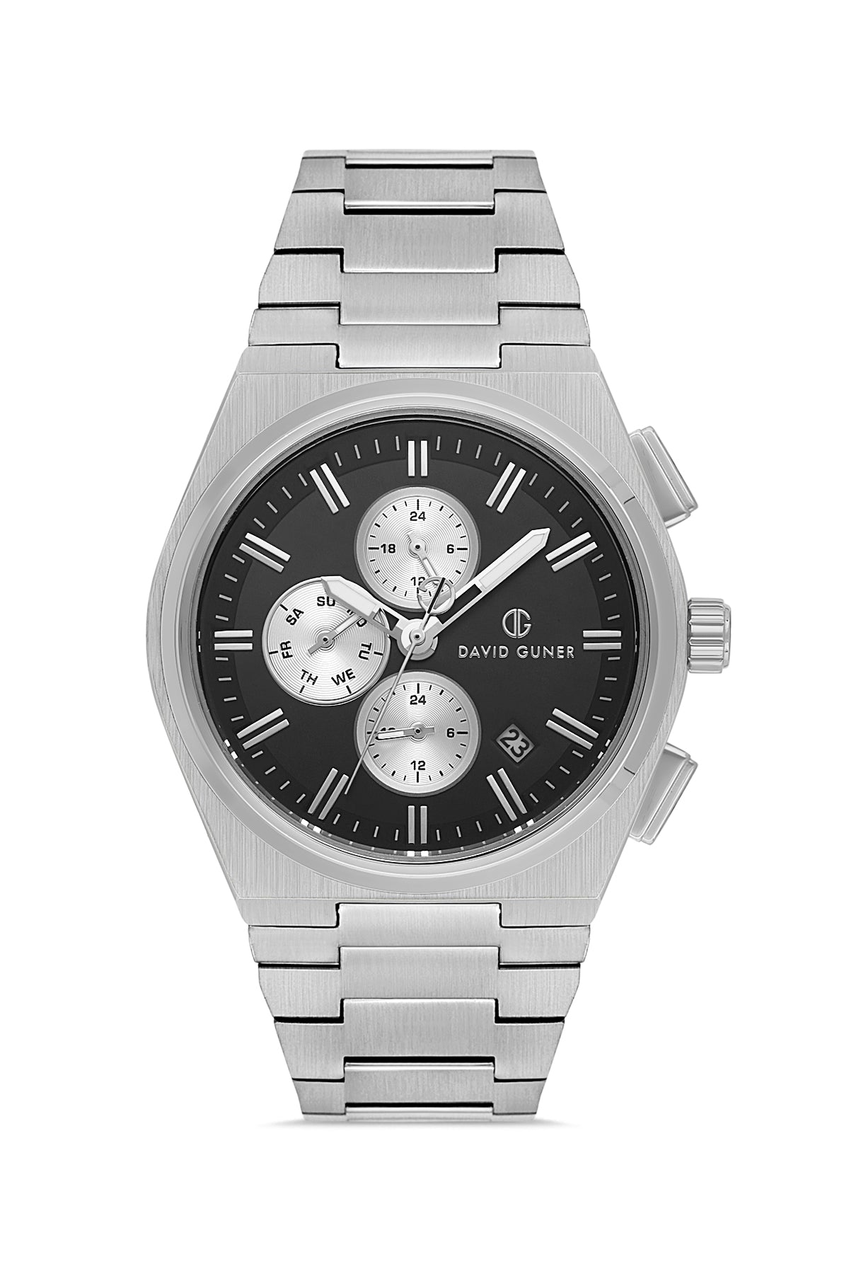 David Guner 8845GA-A2 men's watch with black dial, silver-tone case and stainless steel bracelet – front view
