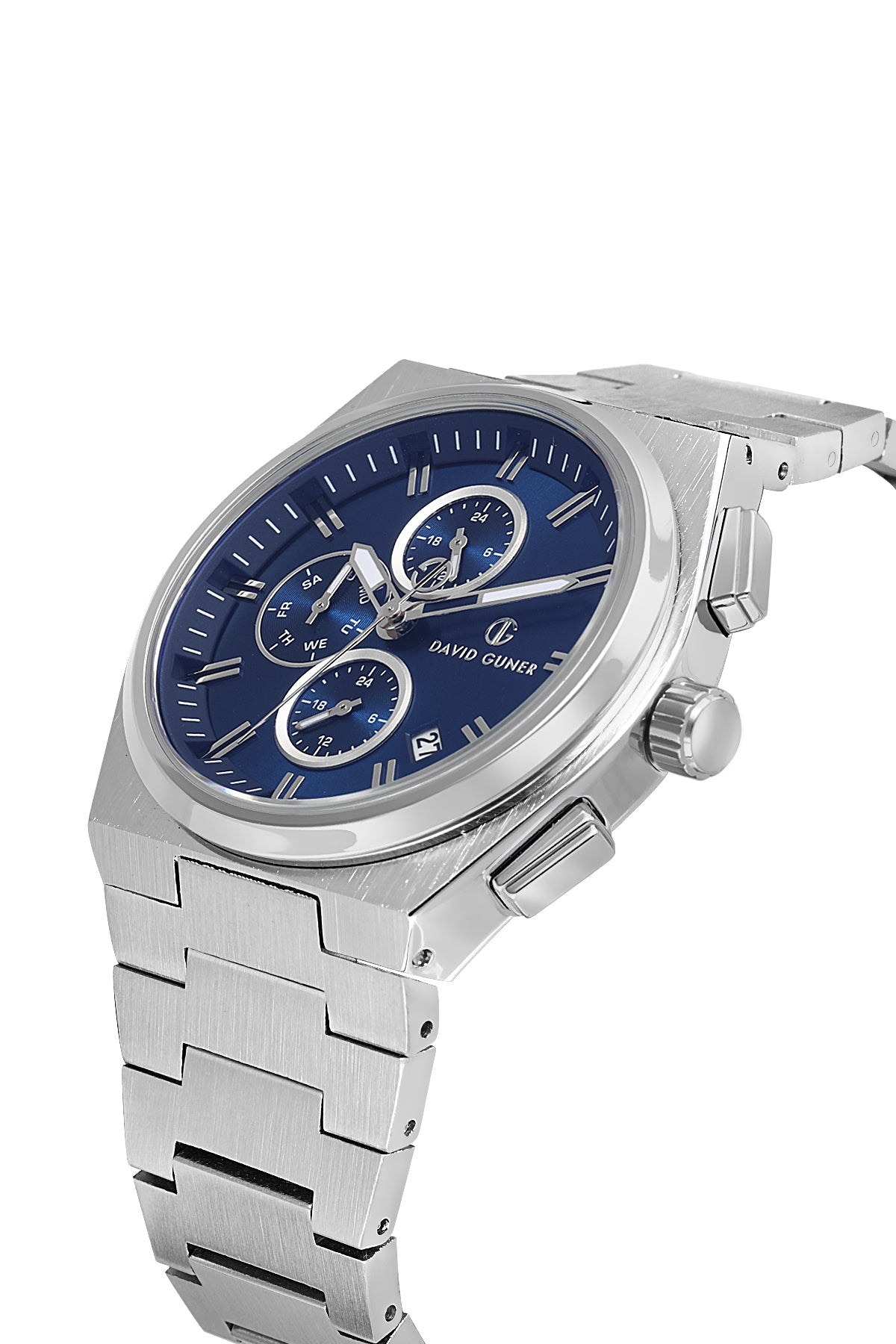David Guner 8845GA-A3 men's watch with blue dial, silver-tone case and stainless steel bracelet – angled view