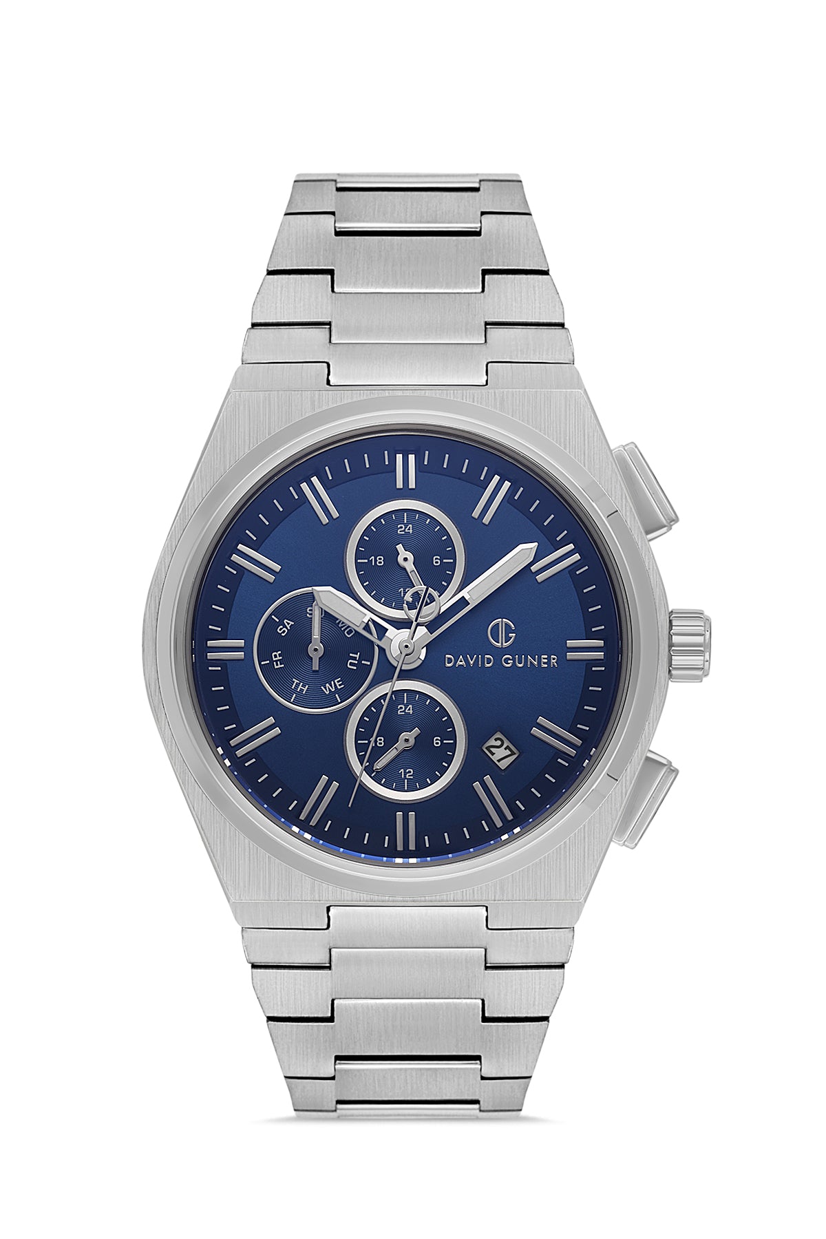 David Guner 8845GA-A3 men's watch with blue dial, silver-tone case and stainless steel bracelet – front view