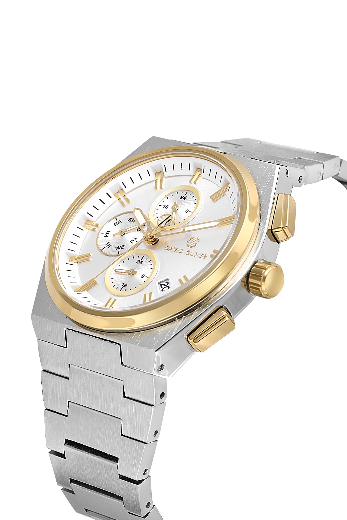 David Guner 8845GA-D1 men's watch with silver dial, two-tone case and stainless steel bracelet – angled view