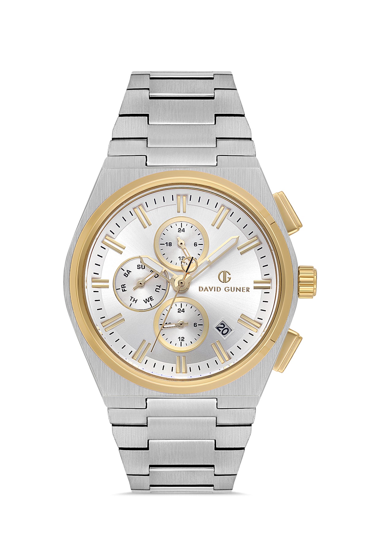 David Guner 8845GA-D1 men's watch with silver dial, two-tone case and stainless steel bracelet – front view