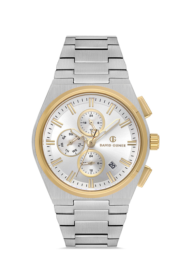 David Guner 8845GA-D1 men's watch with silver dial, two-tone case and stainless steel bracelet – front view