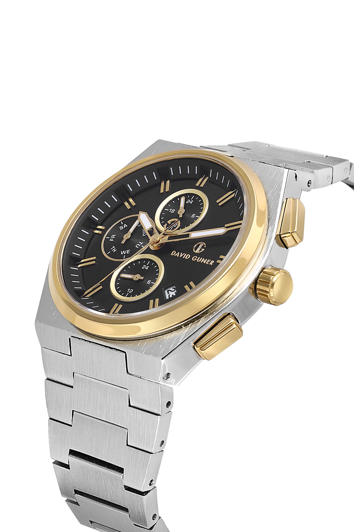 David Guner 8845GA-D2 men's watch with black dial, two-tone case and stainless steel bracelet – angled view