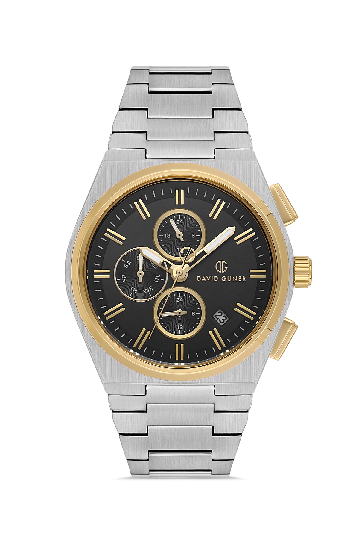 David Guner 8845GA-D2 men's watch with black dial, two-tone case and stainless steel bracelet – front view