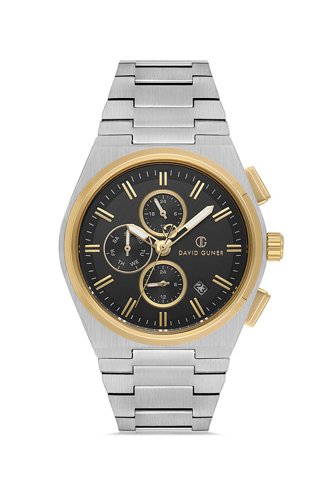 David Guner 8845GA-D2 men's watch with black dial, two-tone case and stainless steel bracelet – front view