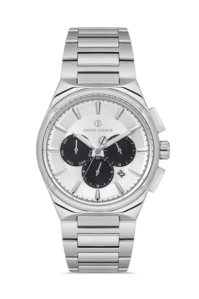 David Guner 8847GA-A1 men's watch with silver dial, silver-tone case and stainless steel bracelet – front view