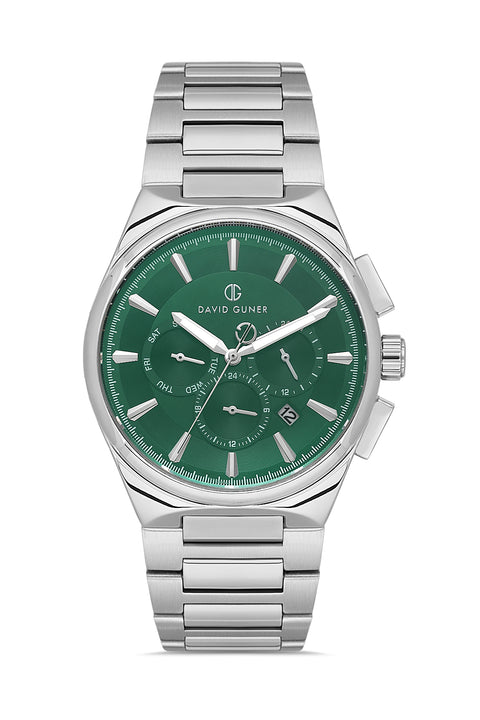 David Guner 8847GA-A10 men's watch with green dial, silver-tone case and stainless steel bracelet – front view
