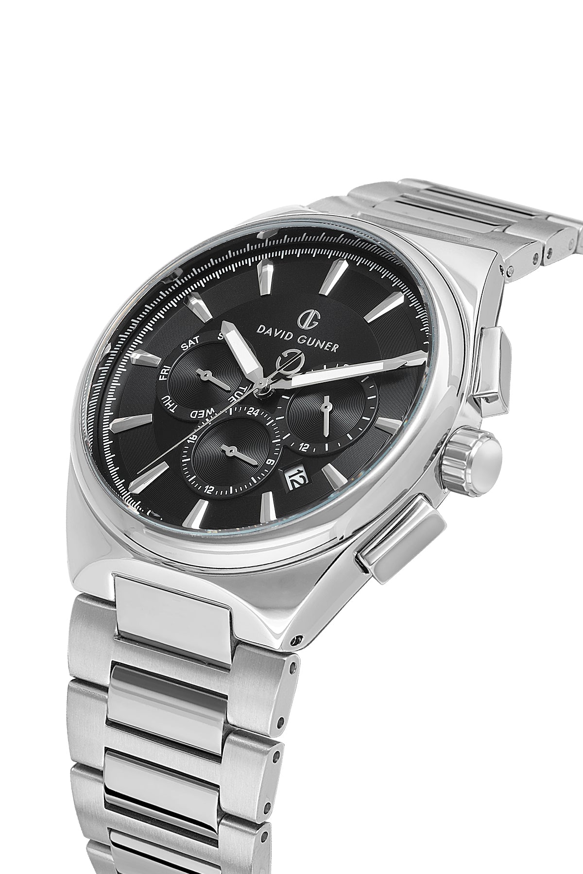 David Guner 8847GA-A2 men's watch with black dial, silver-tone case and stainless steel bracelet – angled view