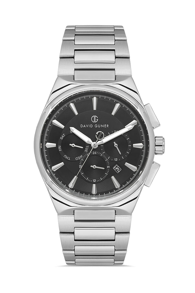 David Guner 8847GA-A2 men's watch with black dial, silver-tone case and stainless steel bracelet – front view