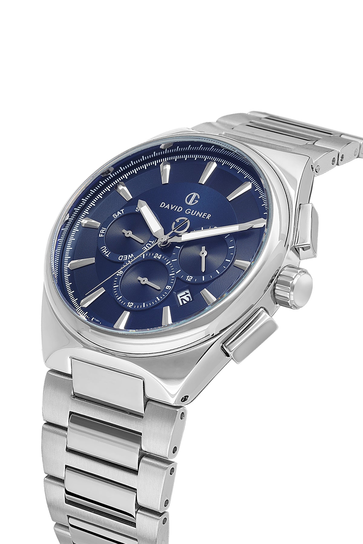 David Guner 8847GA-A3 men's watch with blue dial, silver-tone case and stainless steel bracelet – angled view