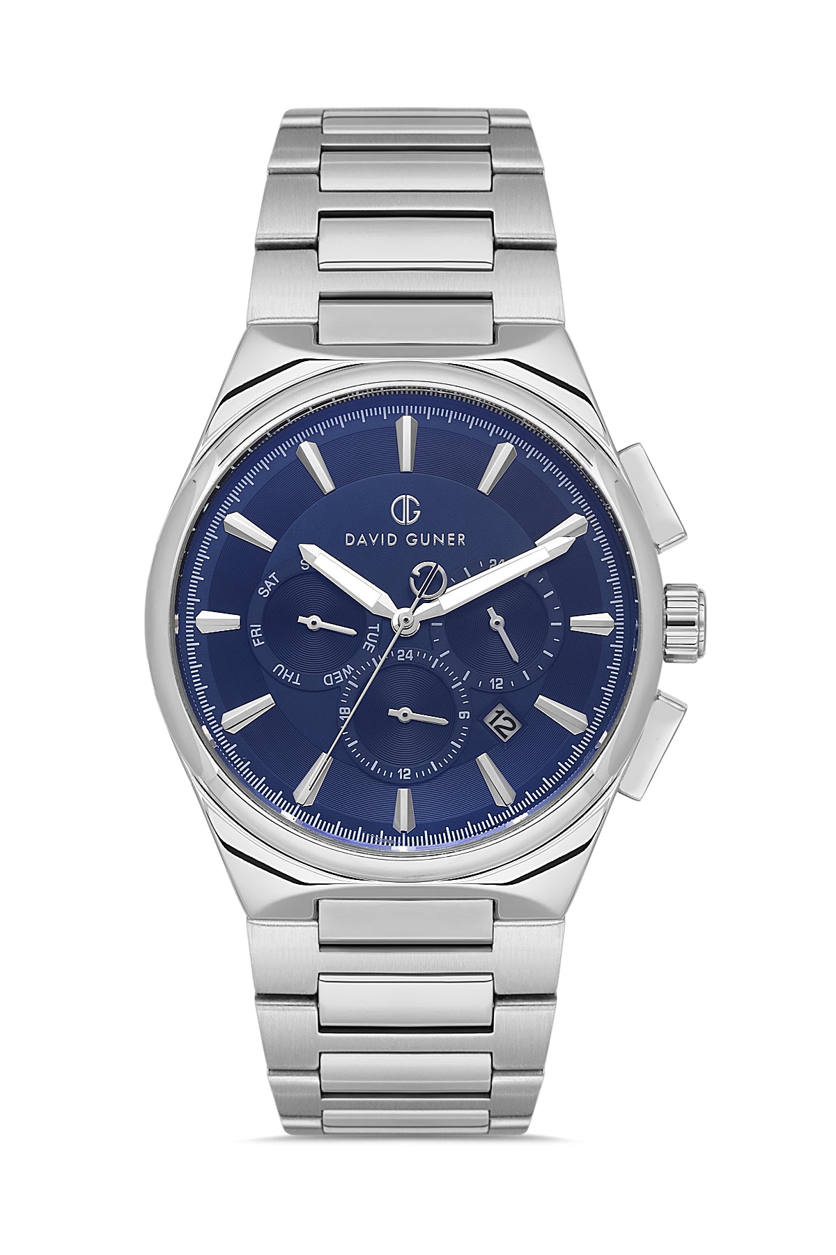 David Guner 8847GA-A3 men's watch with blue dial, silver-tone case and stainless steel bracelet – front view