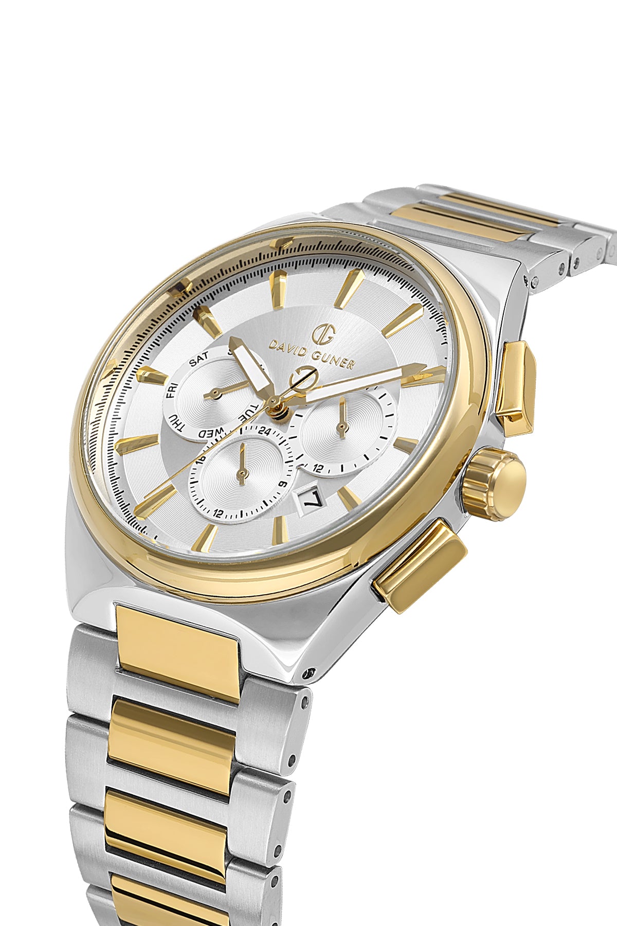 David Guner 8847GA-D1 men's watch with silver dial, two-tone case and stainless steel bracelet – angled view