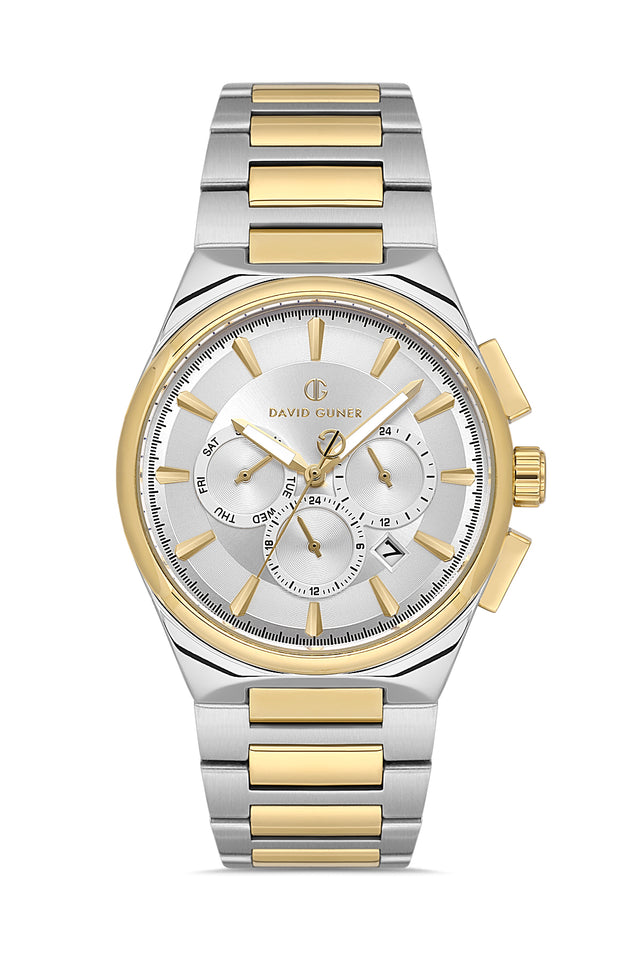 David Guner 8847GA-D1 men's watch with silver dial, two-tone case and stainless steel bracelet – front view