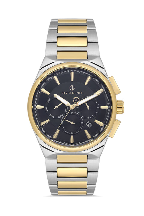 David Guner 8847GA-D2 men's watch with black dial, two-tone case and stainless steel bracelet – front view