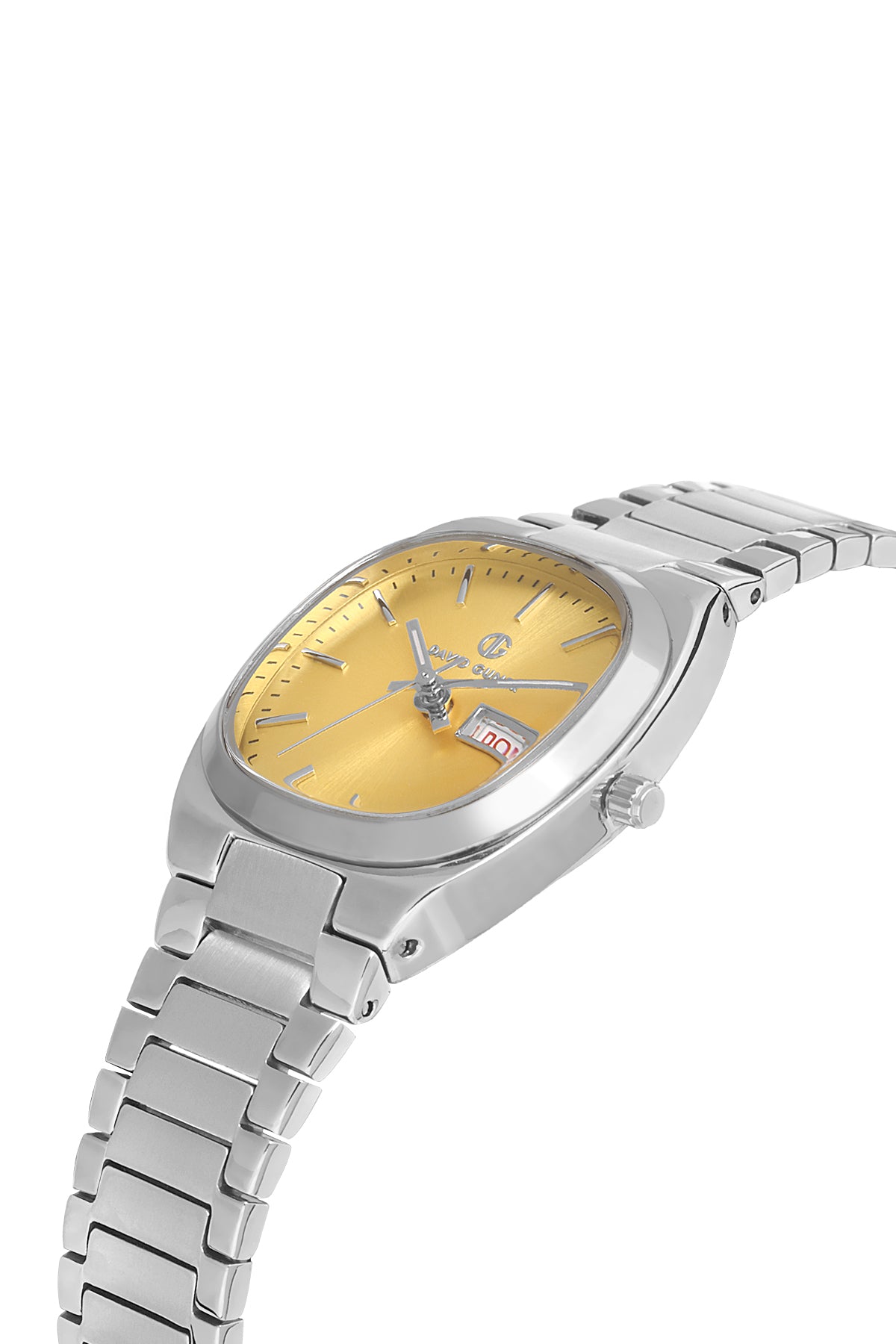 David Guner 8856LA-A12 women's watch with gold dial, silver-tone case and stainless steel bracelet – angled view