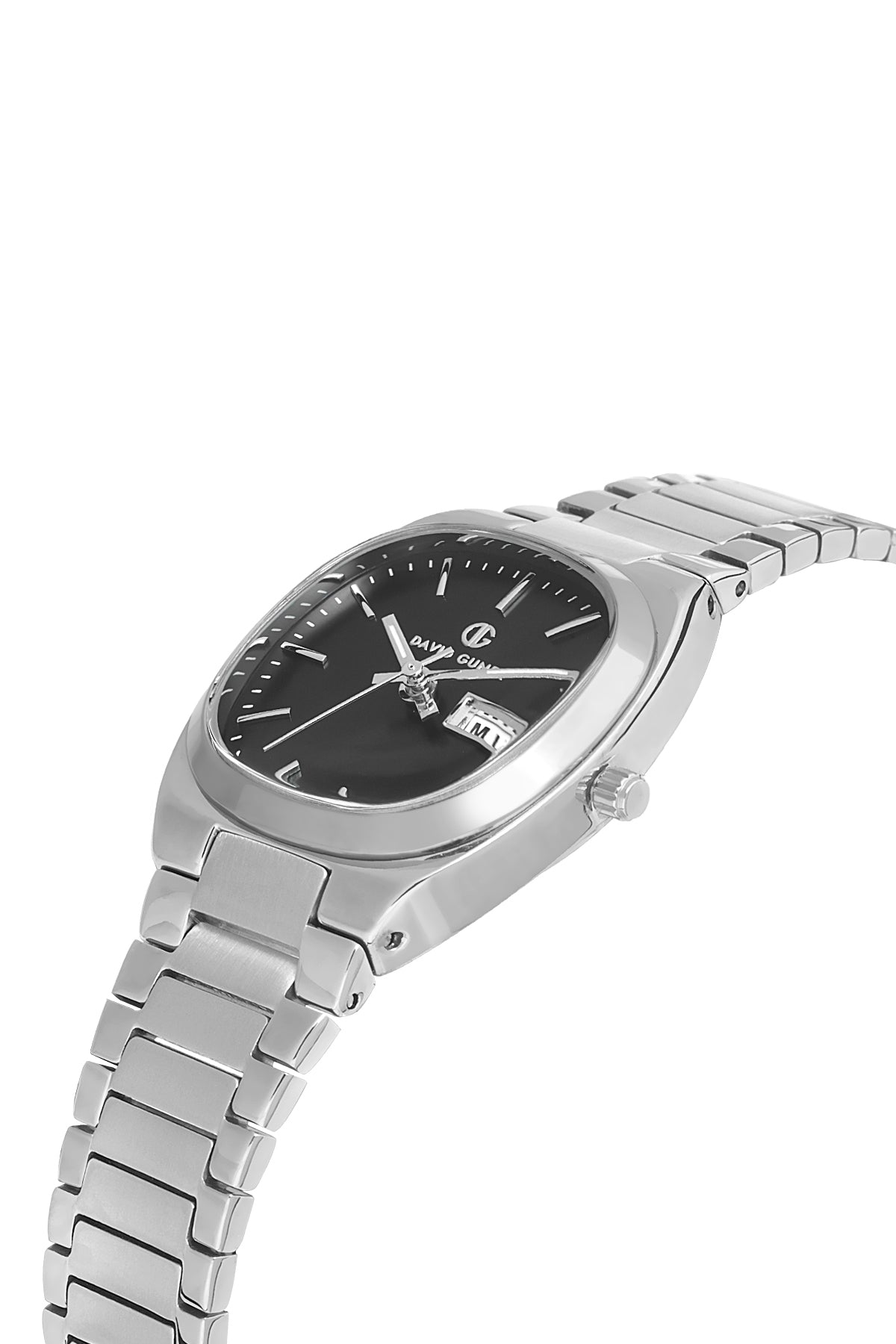 David Guner 8856LA-A2 women's watch with black dial, silver-tone case and stainless steel bracelet – angled view