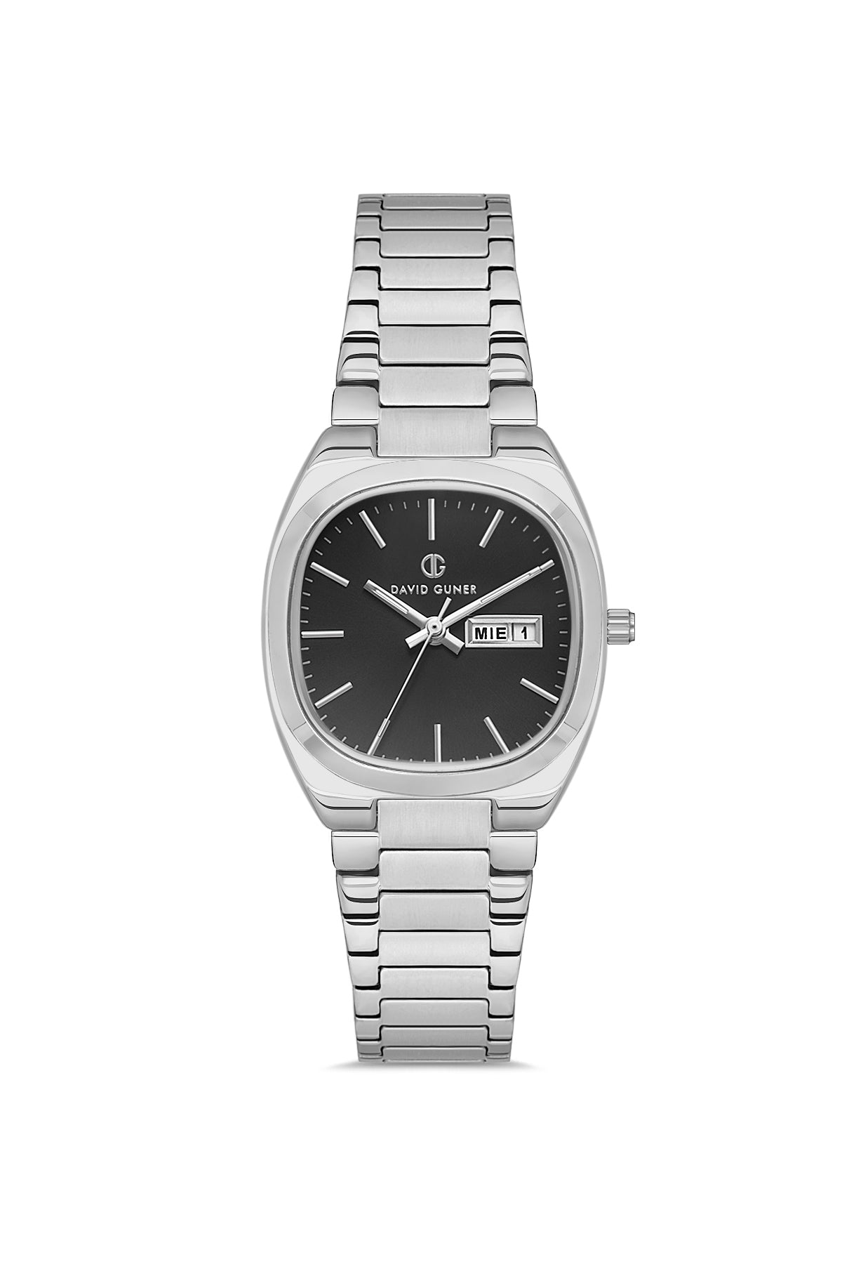 David Guner 8856LA-A2 women's watch with black dial, silver-tone case and stainless steel bracelet – front view