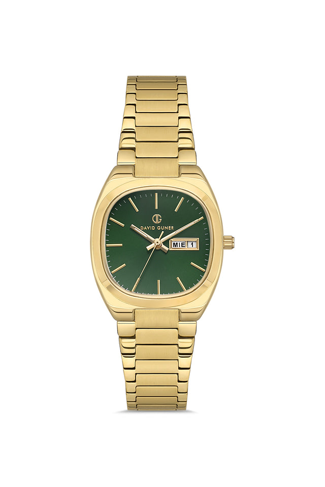 David Guner 8856LA-B10 women's watch with green dial, gold-tone case and stainless steel bracelet – front view