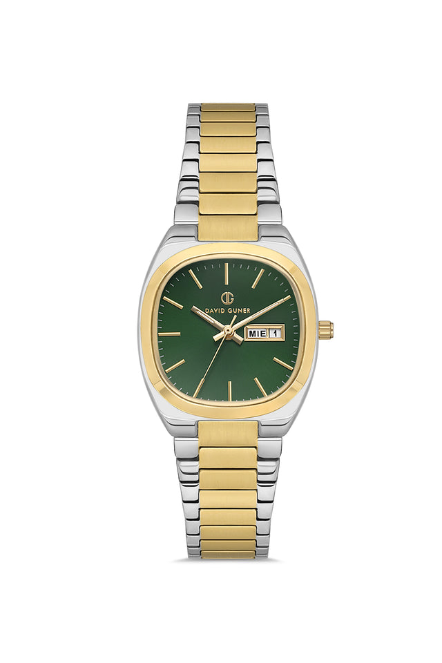 David Guner 8856LA-D10 women's watch with green dial, two-tone case and stainless steel bracelet – front view