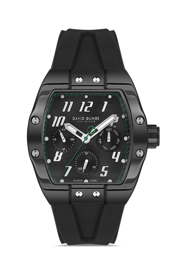 David Guner 8883GD-G2 men's watch with black dial, black ion-plated case and black silicone strap – front view