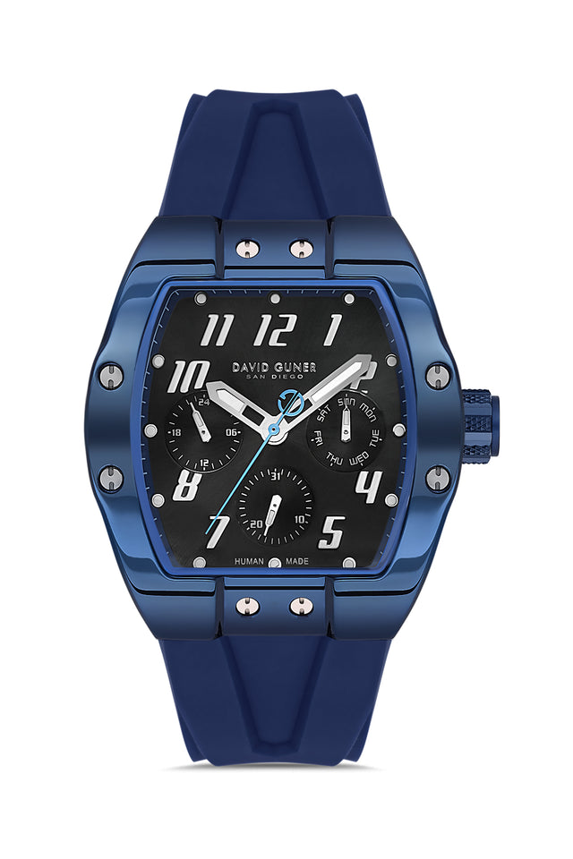 David Guner 8883GD-H2 men's watch with black dial, blue ion-plated case and blue silicone strap – front view