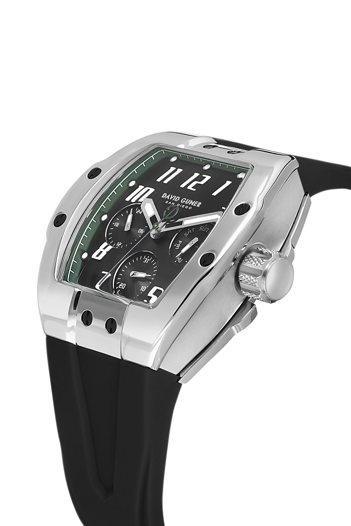 David Guner 8883GD-J2 men's watch with black dial, white case and black silicone strap – angled view