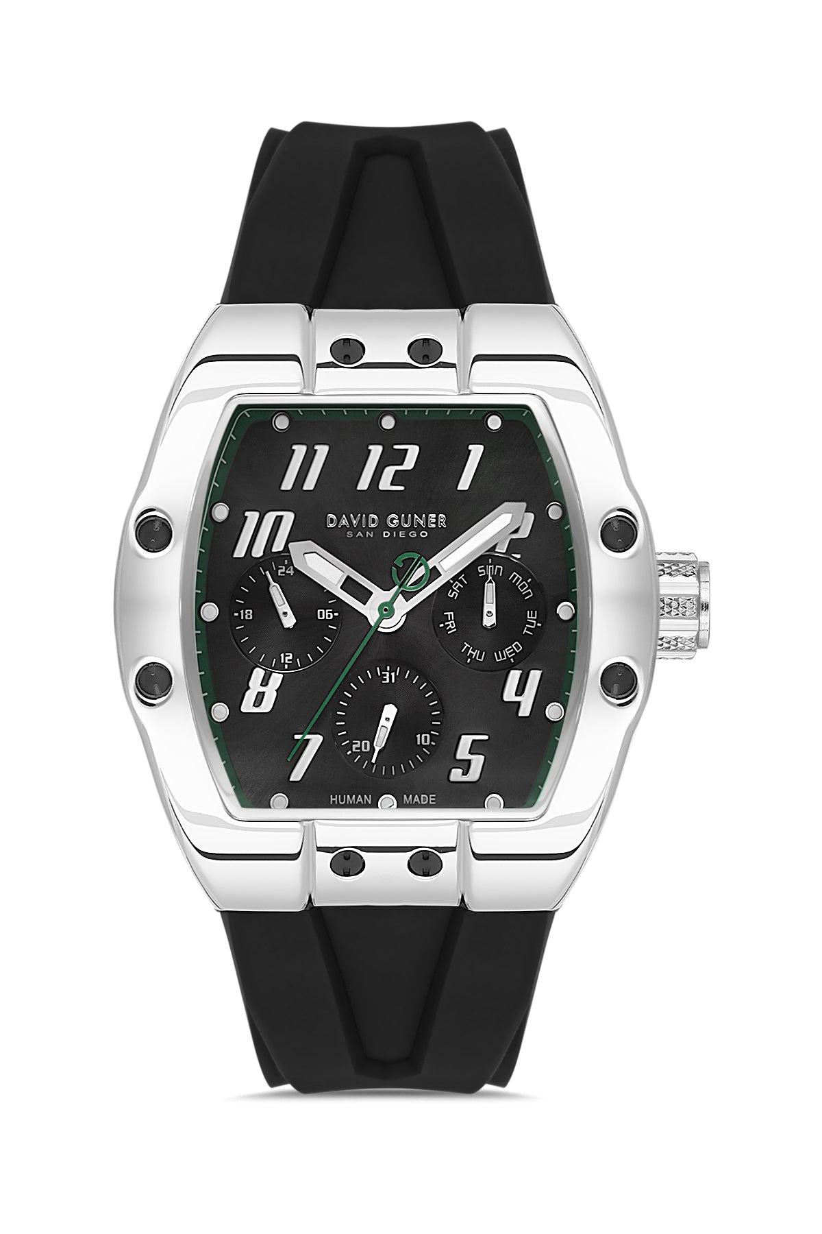 David Guner 8883GD-J2 men's watch with black dial, white case and black silicone strap – front view
