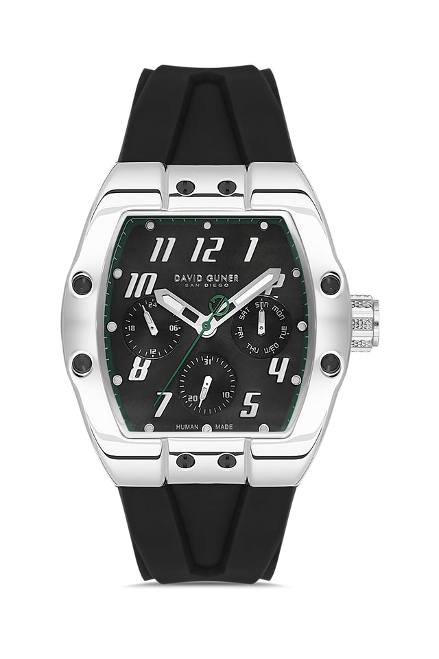 David Guner 8883GD-J2 men's watch with black dial, white case and black silicone strap – front view