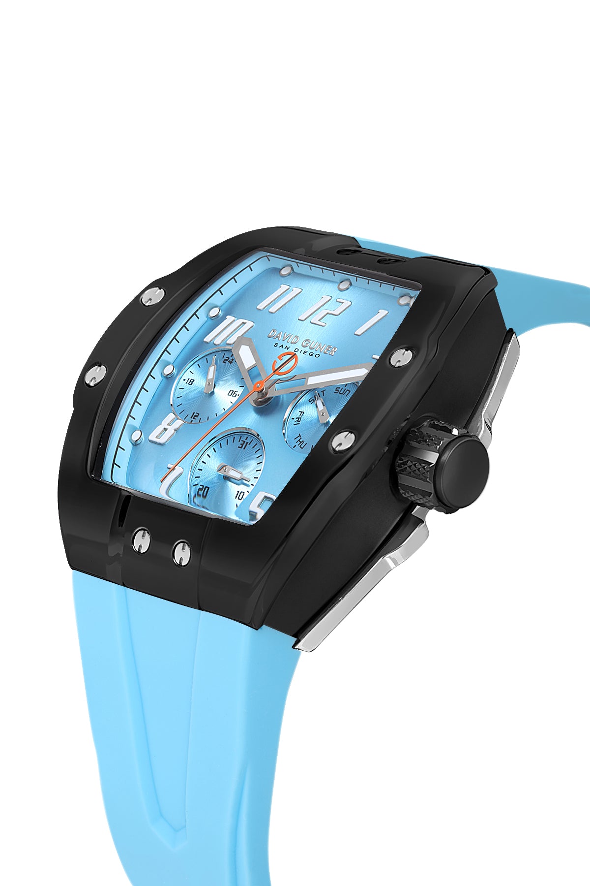 David Guner 8883GD-ZA3 men's watch with light blue dial, black ion-plated case and light blue silicone strap – angled view