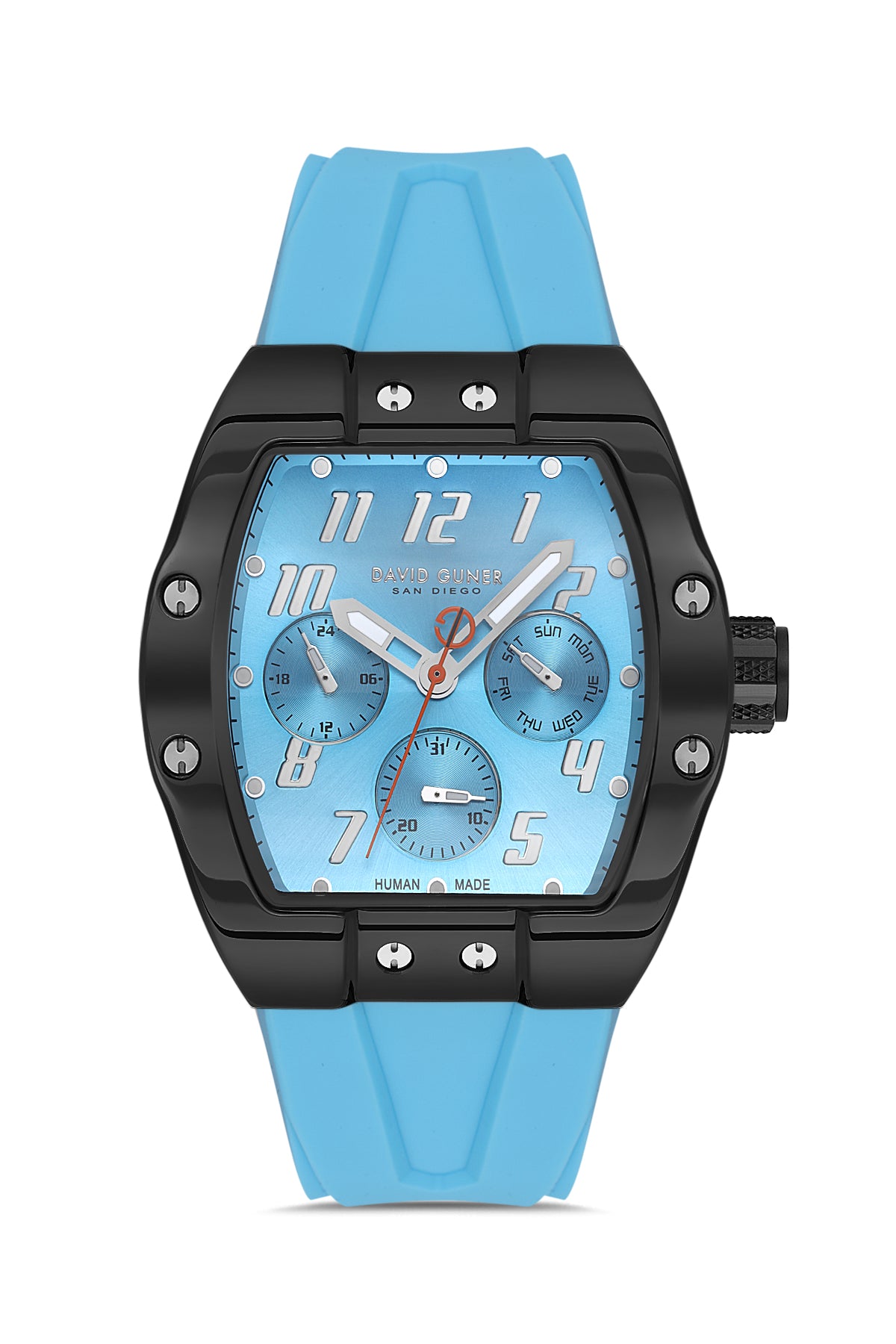 David Guner 8883GD-ZA3 men's watch with light blue dial, black ion-plated case and light blue silicone strap – front view