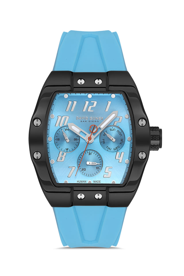 David Guner 8883GD-ZA3 men's watch with light blue dial, black ion-plated case and light blue silicone strap – front view