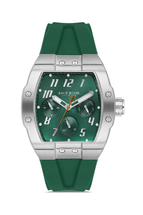 David Guner 8883GD-ZM3 men's watch with green dial, silver-tone case and green silicone strap – front view