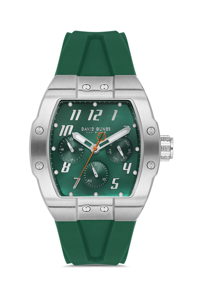 David Guner 8883GD-ZM3 men's watch with green dial, silver-tone case and green silicone strap – front view