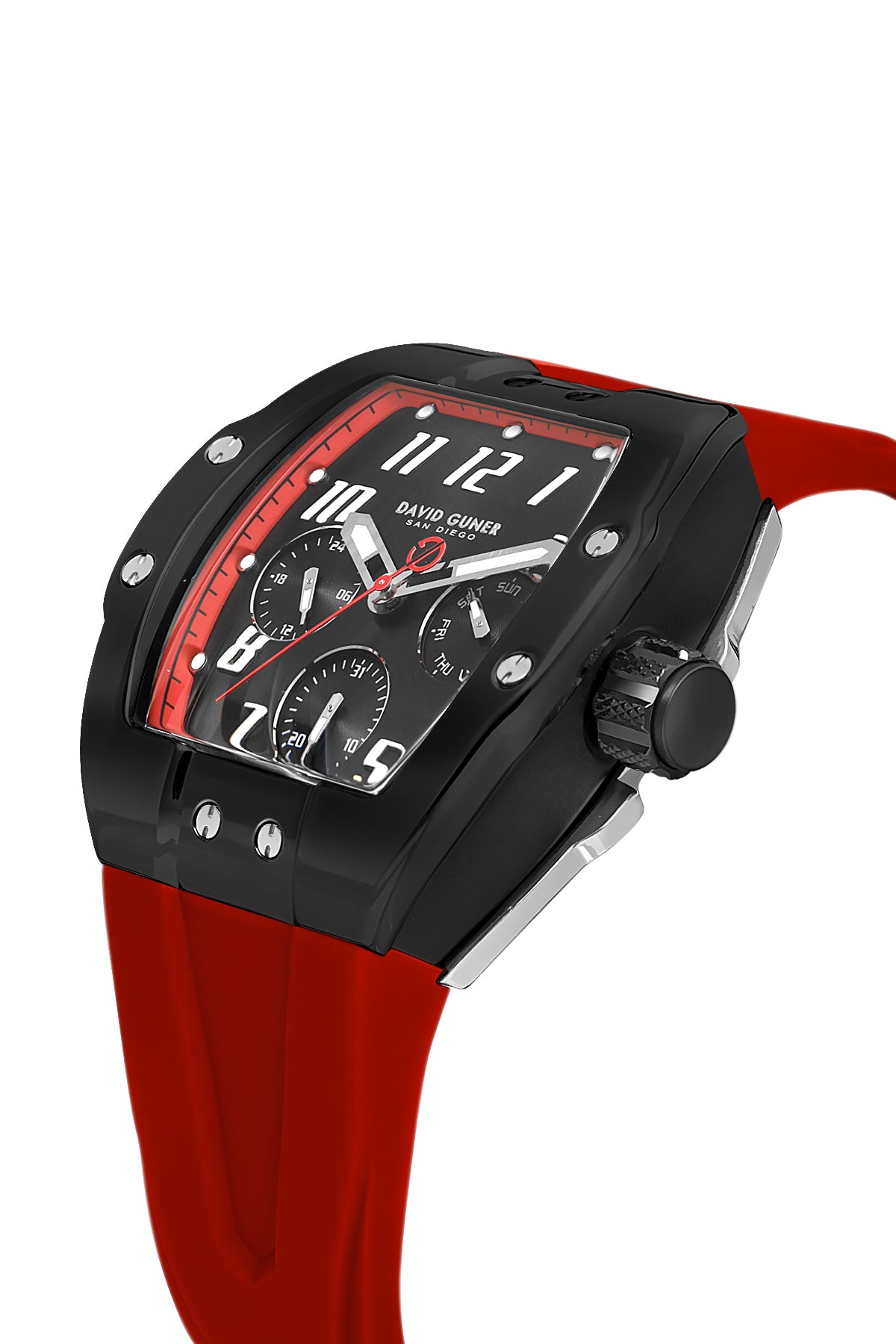 David Guner 8883GD-ZP2 men's watch with black dial, black ion-plated case and red silicone strap – angled view