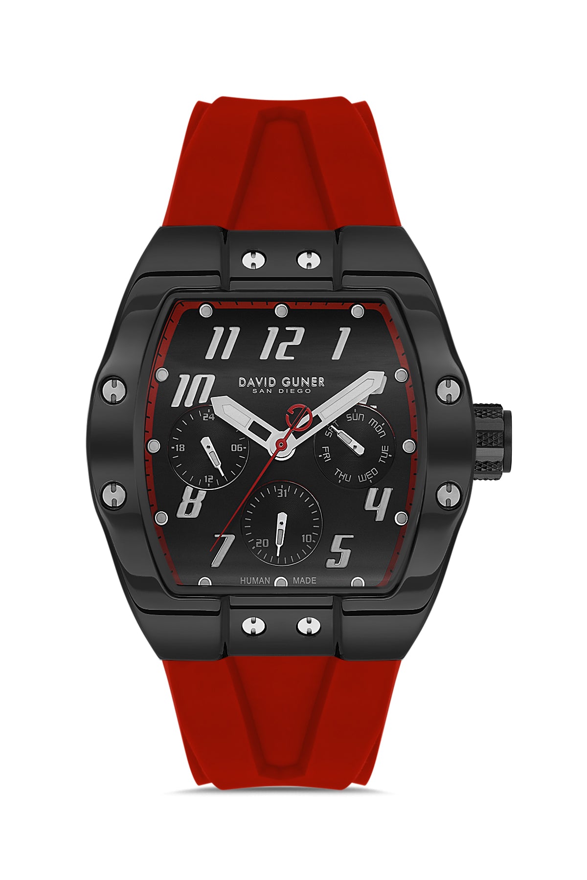 David Guner 8883GD-ZP2 men's watch with black dial, black ion-plated case and red silicone strap – front view