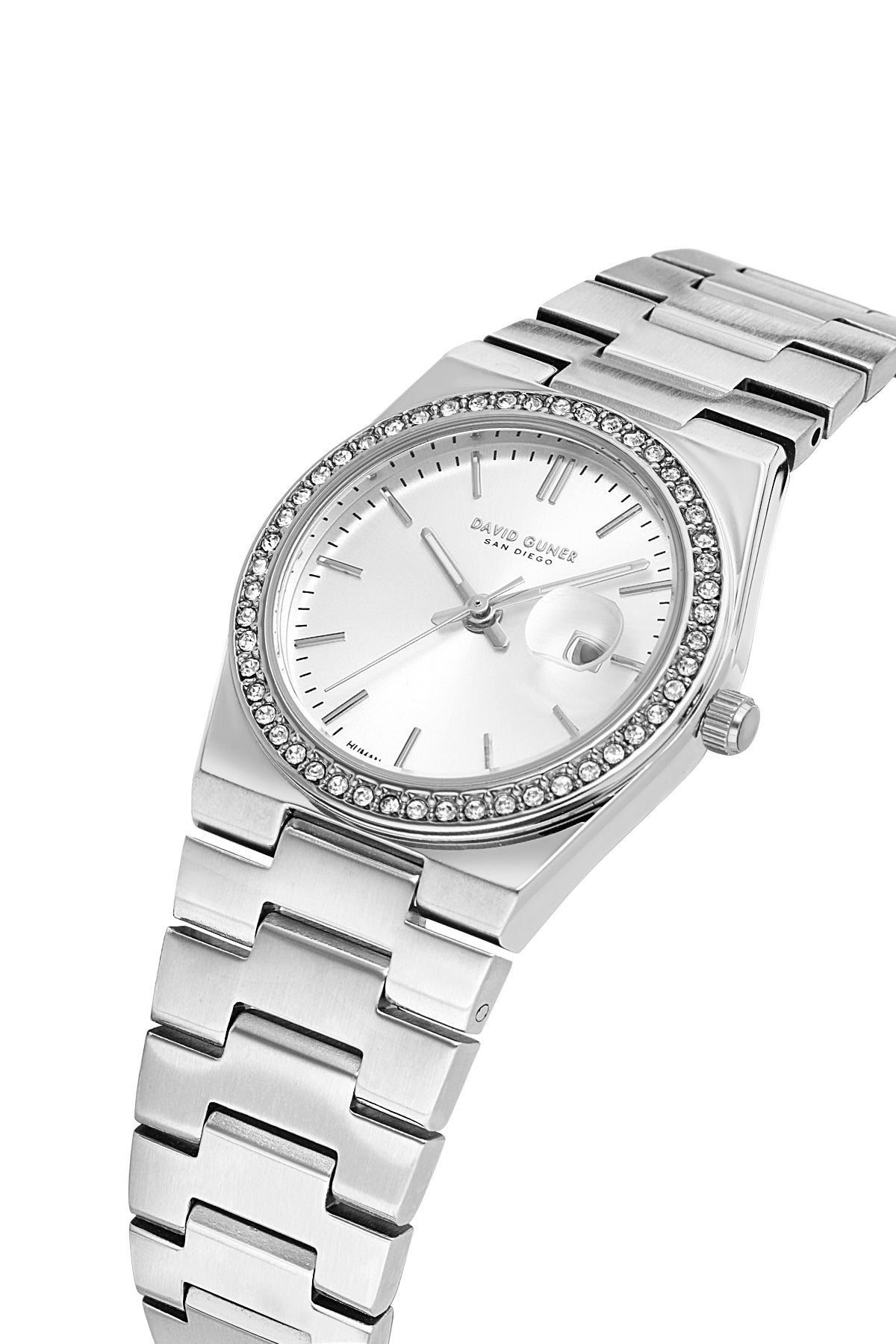 David Guner 8891LA-A1 women's watch with silver dial, silver-tone case and stainless steel bracelet – angled view