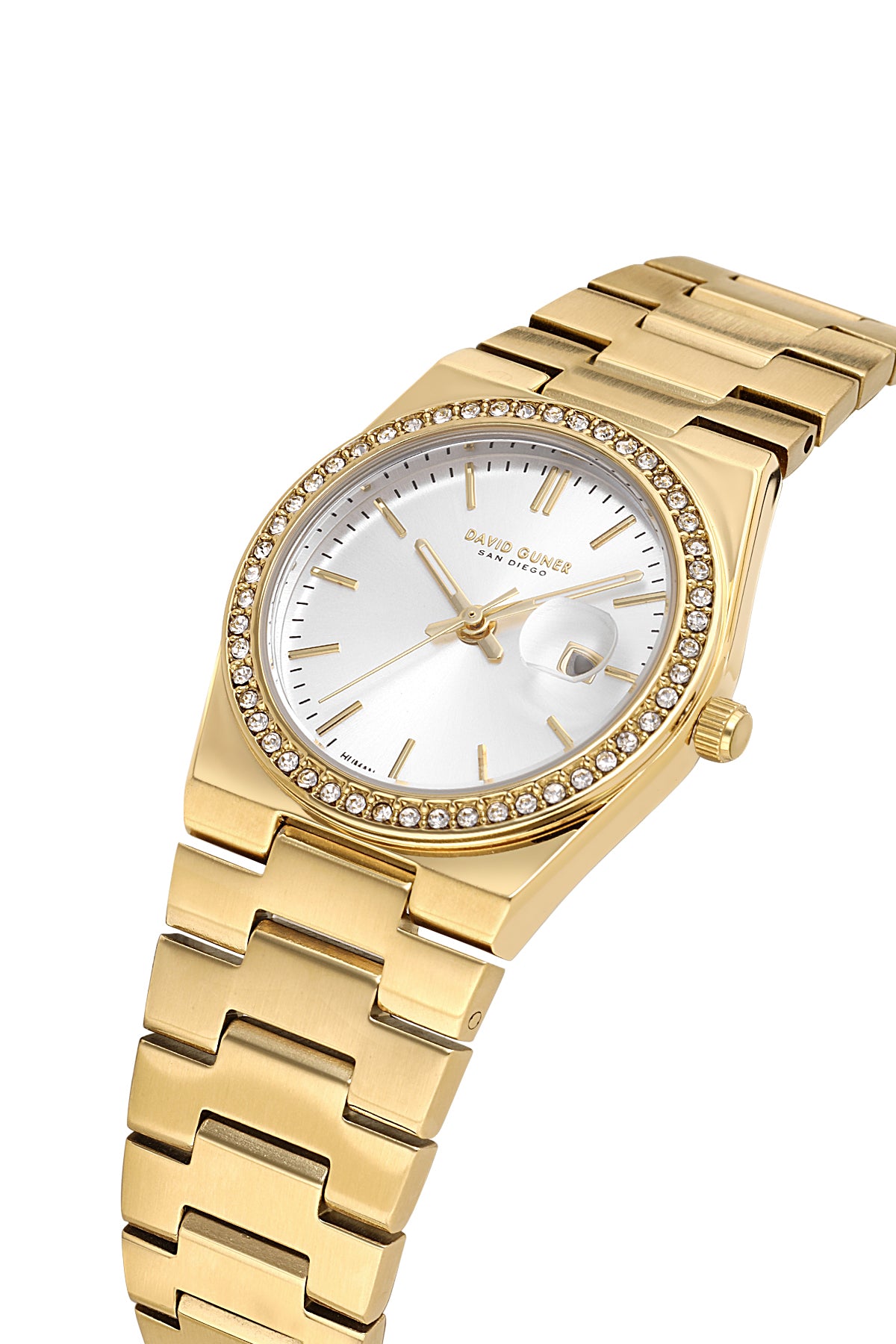 David Guner 8891LA-B1 women's watch with silver dial, gold-tone case and stainless steel bracelet – angled view
