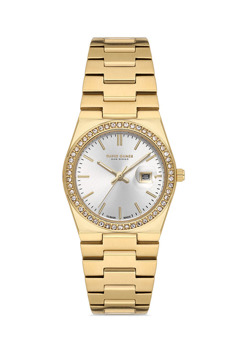 David Guner 8891LA-B1 women's watch with silver dial, gold-tone case and stainless steel bracelet – front view