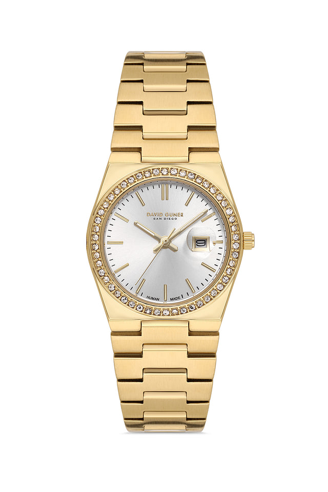 David Guner 8891LA-B1 women's watch with silver dial, gold-tone case and stainless steel bracelet – front view