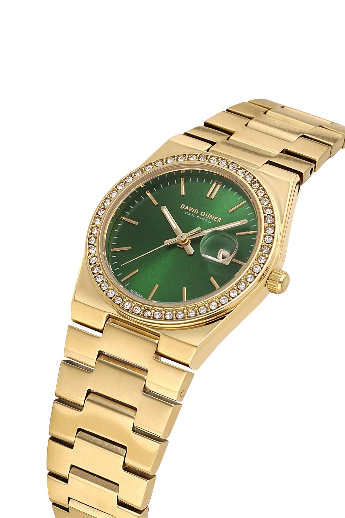 David Guner 8891LA-B10 women's watch with green dial, gold-tone case and stainless steel bracelet – angled view