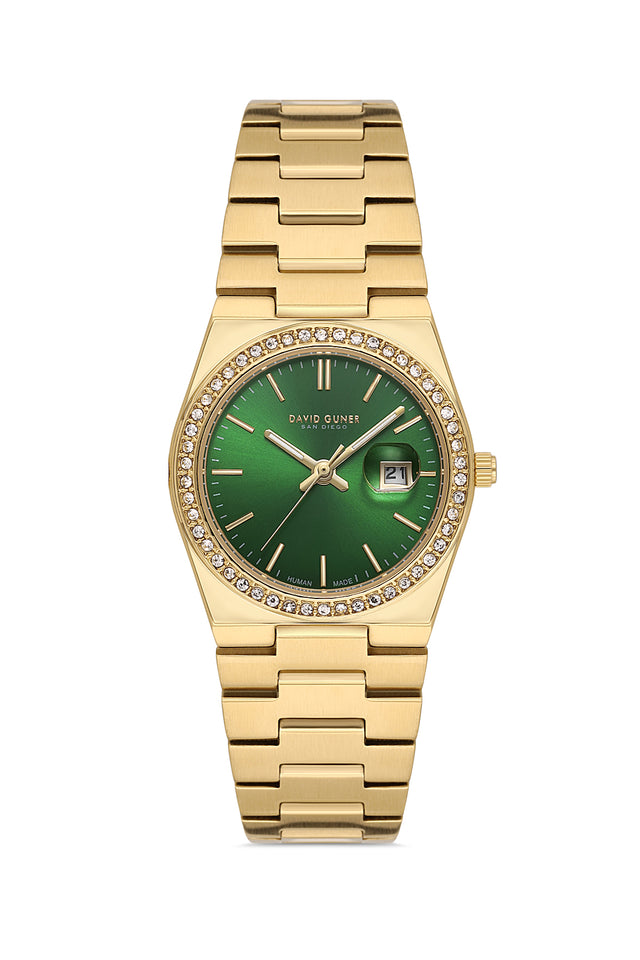 David Guner 8891LA-B10 women's watch with green dial, gold-tone case and stainless steel bracelet – front view