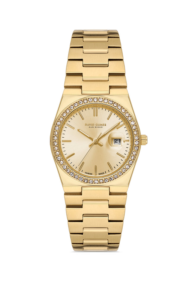 David Guner 8891LA-B4 women's watch with gold dial, gold-tone case and stainless steel bracelet – front view