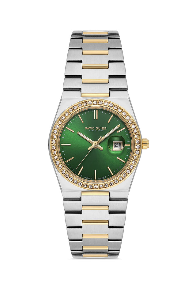 David Guner 8891LA-D10 women's watch with green dial, two-tone case and stainless steel bracelet – front view